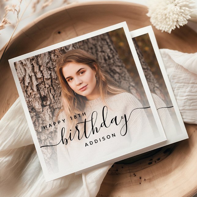 Serviette En Papier Photo personnalisée Script noir 18e anniversaire (Créateur téléchargé)
