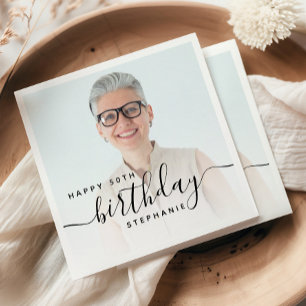 Serviette En Papier Photo personnalisée Script noir 50e anniversaire