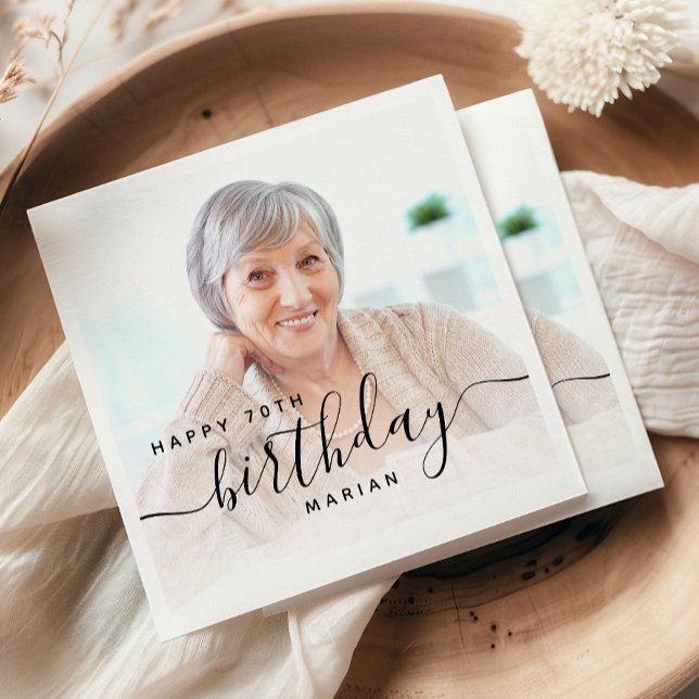 Serviette En Papier Photo personnalisée Script noir 70e anniversaire (Créateur téléchargé)