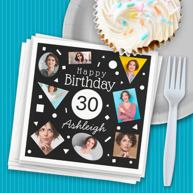 Serviette En Papier Photos Noir Blanc Confetti Nom 30e anniversaire (Créateur téléchargé)