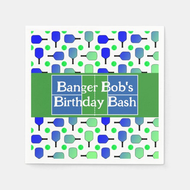 Serviette En Papier Pickleball Anniversaire Bleu Vert Paddle Ball Beng (Devant)