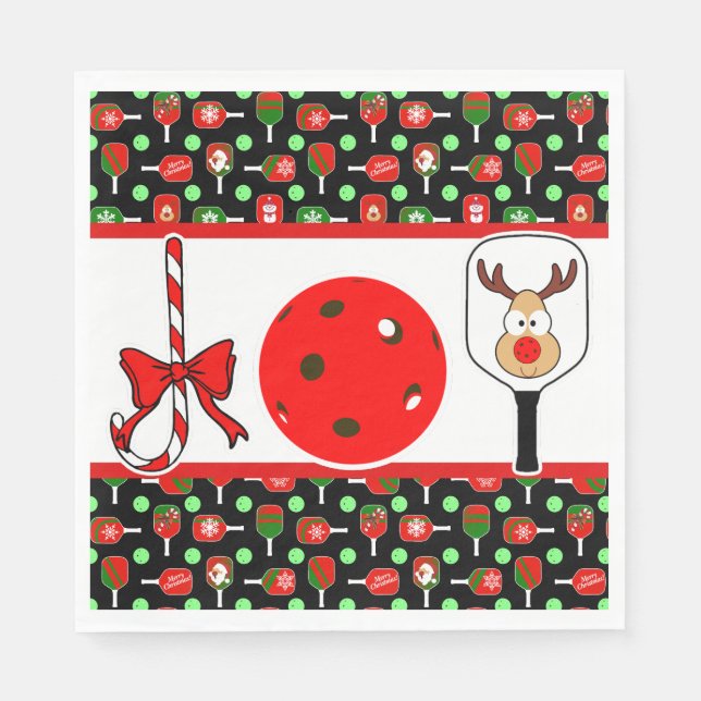 Serviette En Papier Pickleball Joie fête de Noël Rouge Vert sur Noir (Devant)
