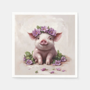 Serviette En Papier Piglet dans une couronne de fleurs violettes