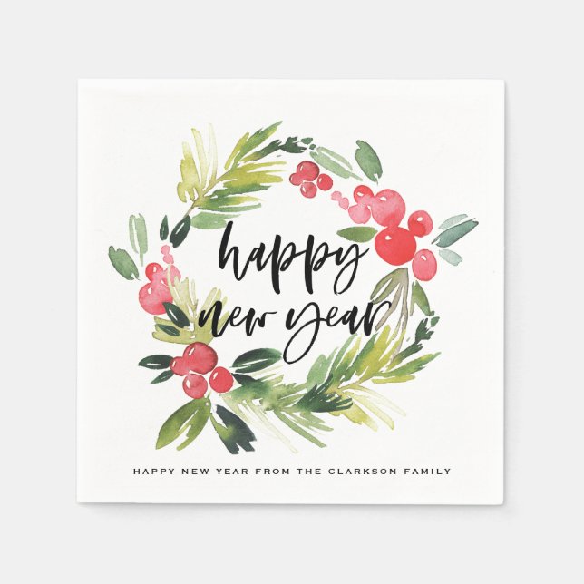 Serviette En Papier Pin d'aquarelle et Fête de la nouvelle année Holly (Devant)