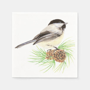 Serviette En Papier Pin mignon d'oiseau de Chickadee d'aquarelle