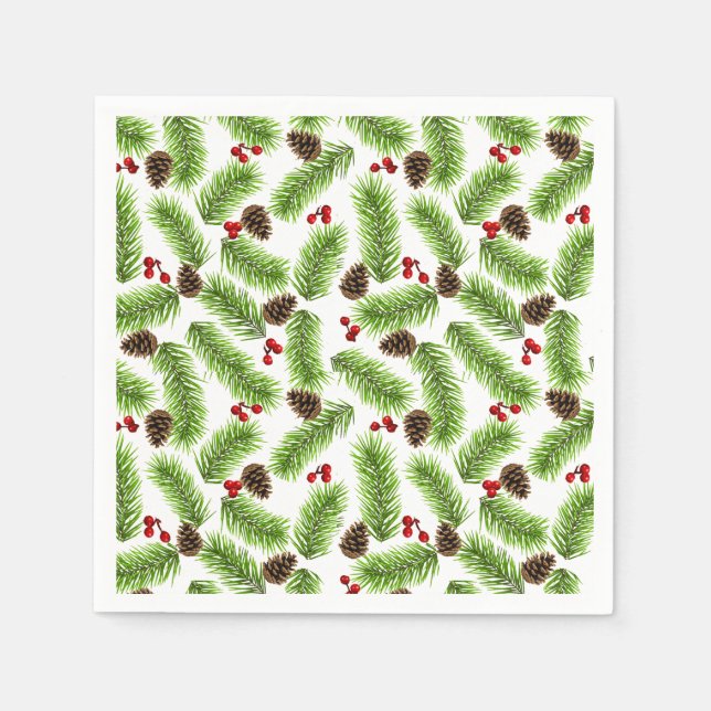 Serviette En Papier Pin vert de Noël Feuilles, cônes et baies rouges (Devant)