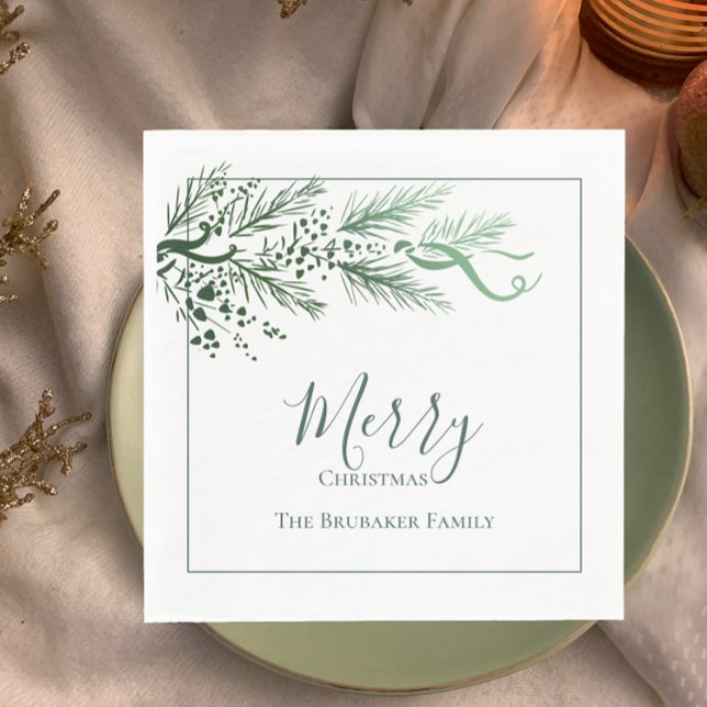 Serviette En Papier Pin vert moderne personnalisé Noël unique (Add modern style, personalized family name napkins with original art pine greenery Merry Christmas )