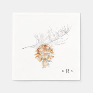 Serviette En Papier Pine Cône Main Tirée Aquarelle Monogramme Cocktail