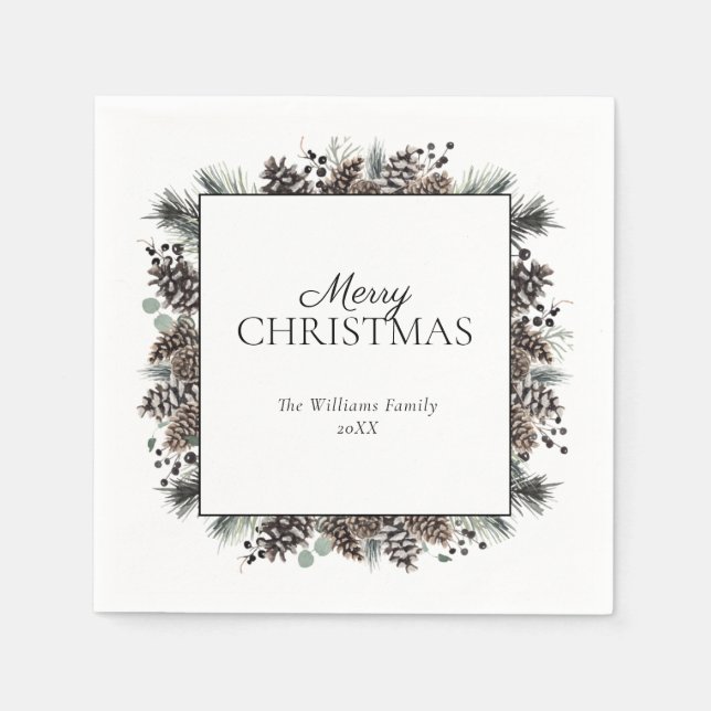 Serviette En Papier Pinecone d'hiver noir rustique Joyeux Noël (Devant)