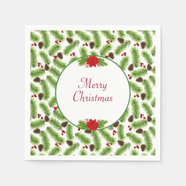 Serviette En Papier Pinecones de Noël personnalisées et baies rouges (Devant)