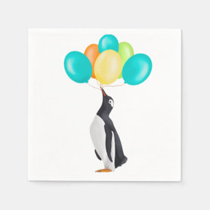 Serviette En Papier Pingouin Avec Ballons Colorés Anniversaire