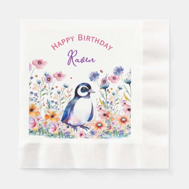 Serviette En Papier Pingouin en fleurs Fille Anniversaire Personnalisé (Devant)