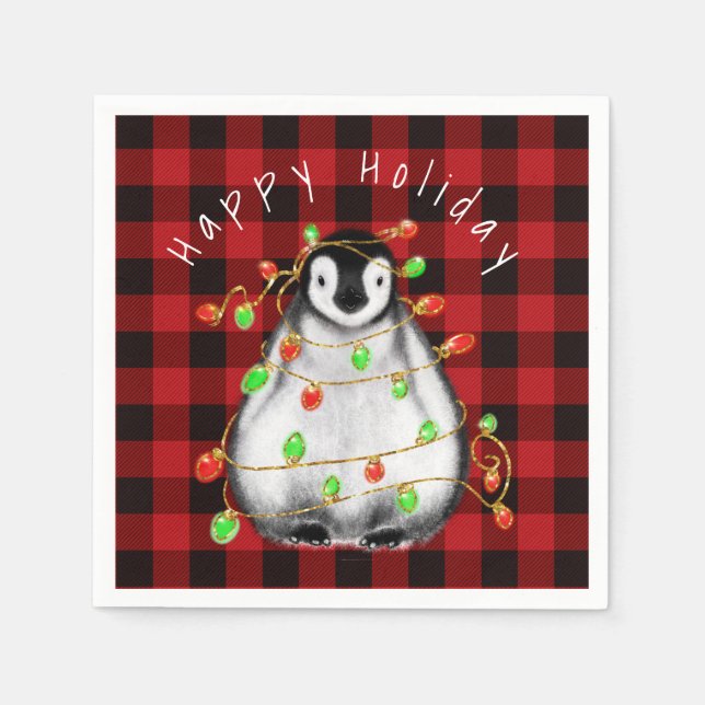 Serviette En Papier Pingouin festif de vacances, lumières rouge scinti (Devant)