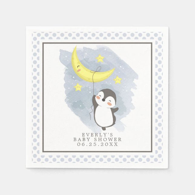 Serviette En Papier Pingouin Lune Aquarelle Baby shower serviettes (Devant)