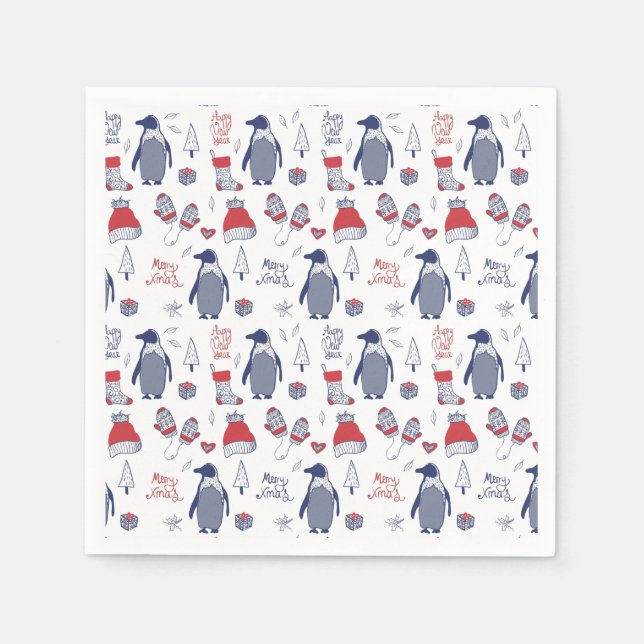 Serviette En Papier Pingouins de Noël mignons Casquette Gants Motif (Devant)