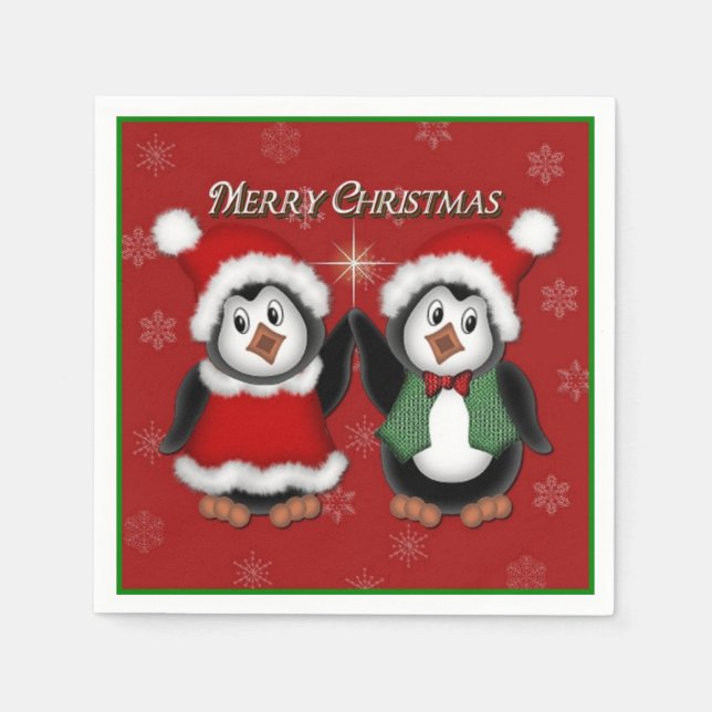 Serviette En Papier Pingouins mignons Rouge Joyeux Noël (Devant)
