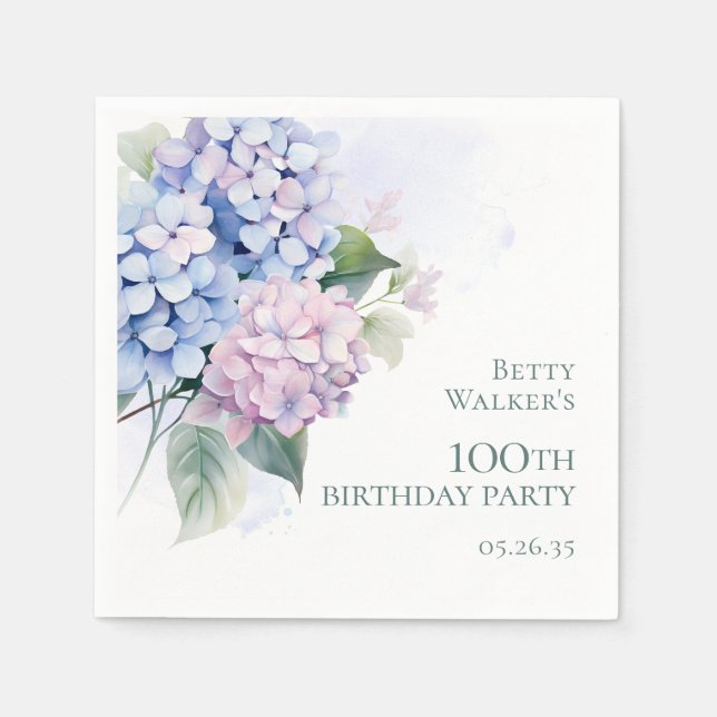 Serviette En Papier Pink Blue Hydrangeas 100ème anniversaire (Devant)