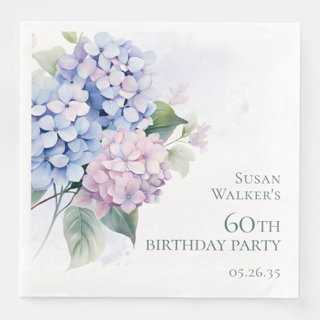 Serviette En Papier Pink Blue Hydrangeas 60ème anniversaire (Devant)