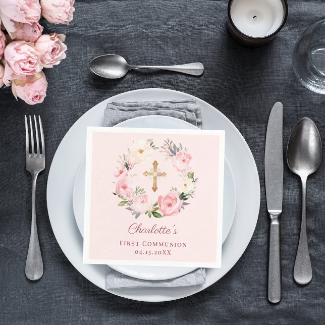 Serviette En Papier Pink blush floral wreath First Communion luncheon (Créateur téléchargé)