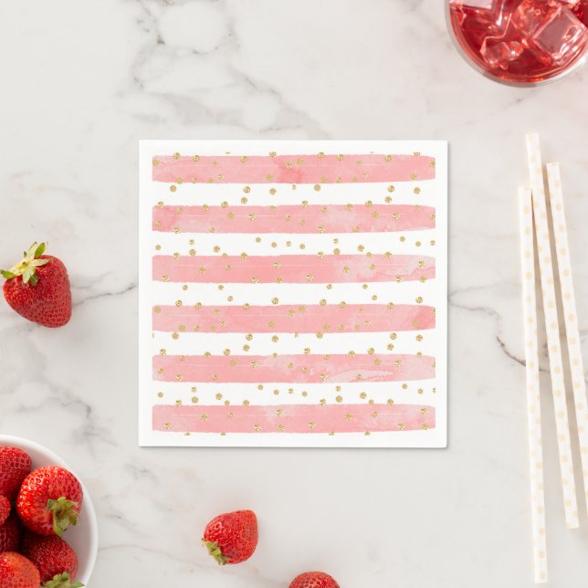 Serviette En Papier Pink Blush Stripes with Faux Gold Confeti (En situation)
