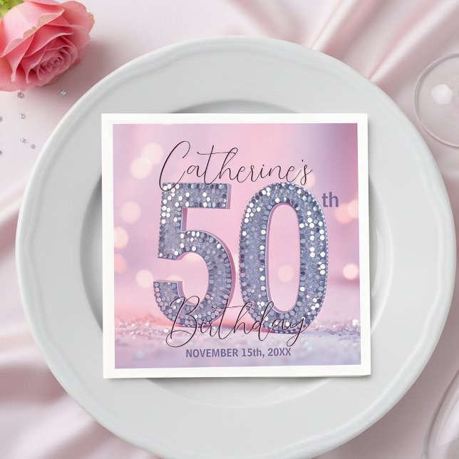 Serviette En Papier Pink Bokeh Glam Silver Glitter 50th Birthday (Créateur téléchargé)