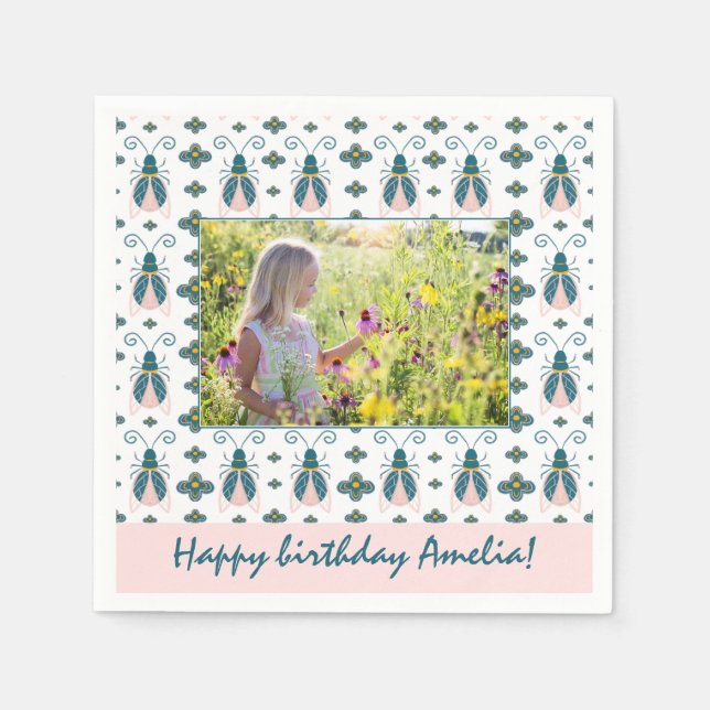 Serviette En Papier Pink Bugs Flower Motif Photo Anniversaire (Devant)