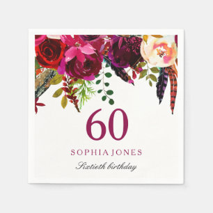 Serviette En Papier Pink & Burgundy Boho Floral 60e fête d'anniversair