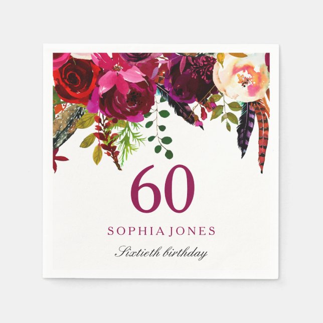 Serviette En Papier Pink & Burgundy Boho Floral 60e fête d'anniversair (Devant)