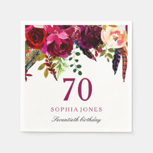 Serviette En Papier Pink & Burgundy Boho Floral 70e fête d'anniversair