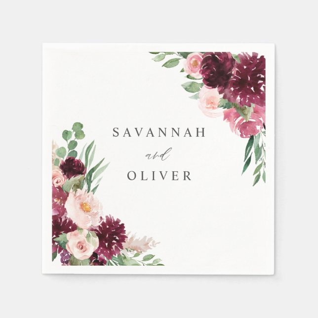 Serviette En Papier Pink & Burgundy Floral 7 Nom Napkins (Devant)