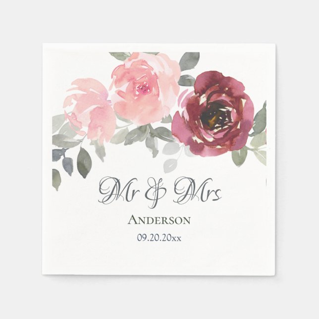 Serviette En Papier Pink Burgundy Grey Floral Mr & Mrs Mariage (Devant)
