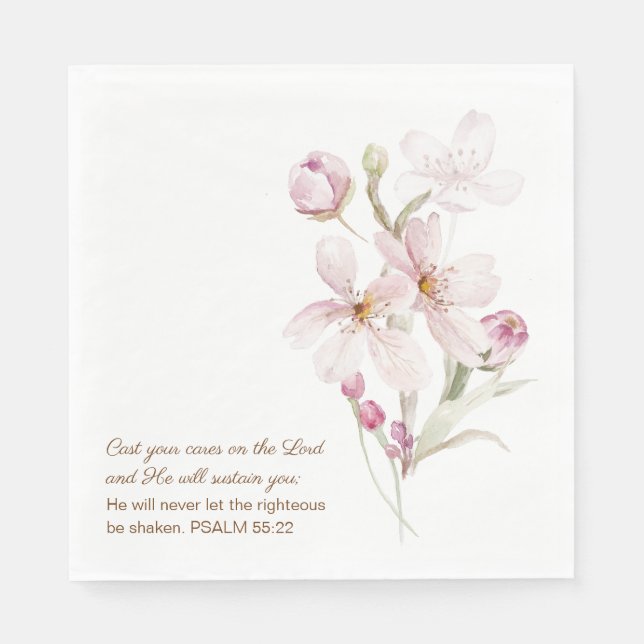 Serviette En Papier Pink Cherry Blossoms Psalm 55:22 (Devant)