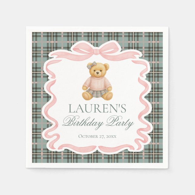 Serviette En Papier Pink Coquette Bow Bear Tartan Plaid Birthday (Devant)