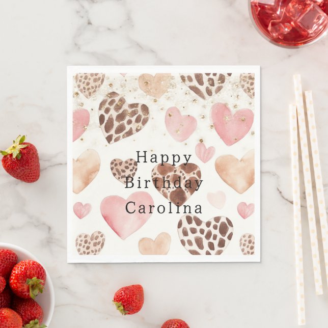 Serviette En Papier Pink Cream Animal Hearts Gold Sparkle Birthday (En situation)
