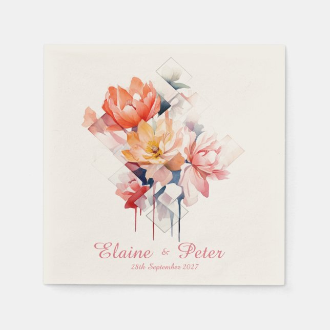 Serviette En Papier Pink Cubes&Flowers: Personalized Wedding Napkins (Devant)