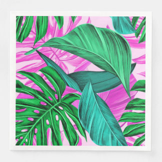 Serviette En Papier Pink et Feuilles verts tropicaux