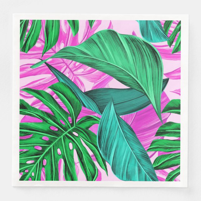Serviette En Papier Pink et Feuilles verts tropicaux (Devant)