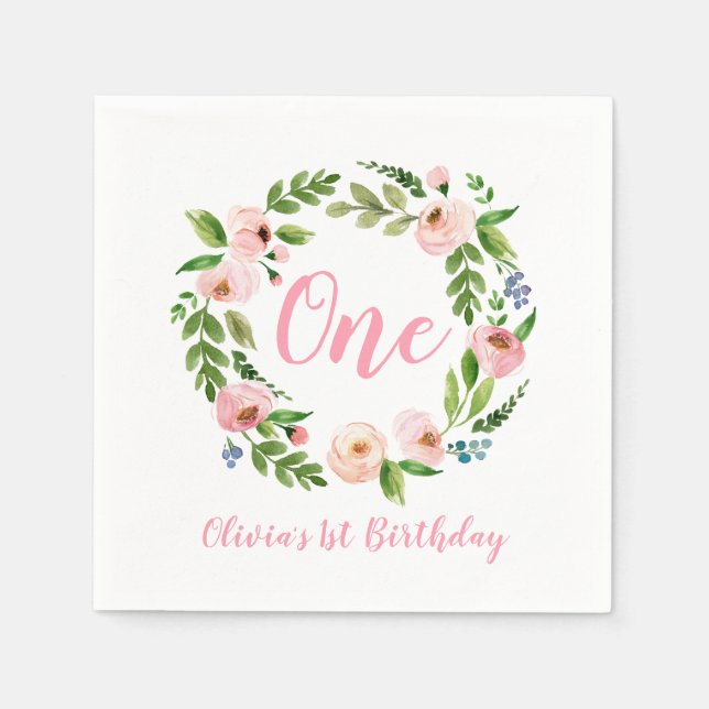 Serviette En Papier Pink Floral Baby Girl 1er anniversaire fête Napkin (Devant)