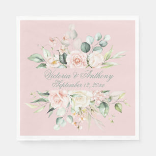 Serviette En Papier Pink Floral Elegant Script Nom Mariage