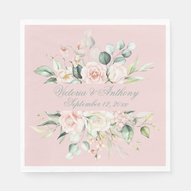 Serviette En Papier Pink Floral Elegant Script Nom Mariage (Devant)