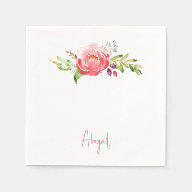 Serviette En Papier Pink Floral Script Nom Baby shower Blanc (Devant)
