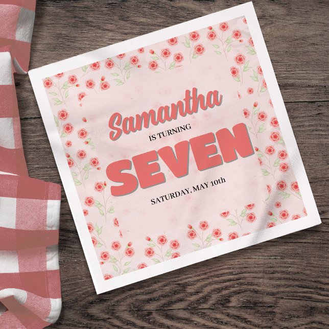 Serviette En Papier Pink Floral Seventh Birthday Girl Custom Party (Pink floral retro style cocktail napkins)