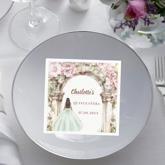 Serviette En Papier Pink florals arch green dress Quinceanera (Créateur téléchargé)