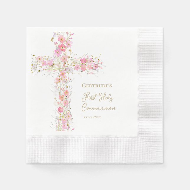 Serviette En Papier  pink flowers cross First Holy Communion (Devant)