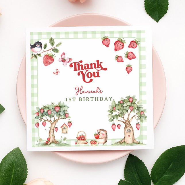 Serviette En Papier Pink Gingham Berry First Strawberry 1st Birthday (Créateur téléchargé)