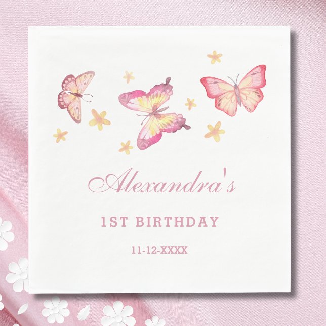 Serviette En Papier Pink Girl Butterfly 1er anniversaire fête (Créateur téléchargé)