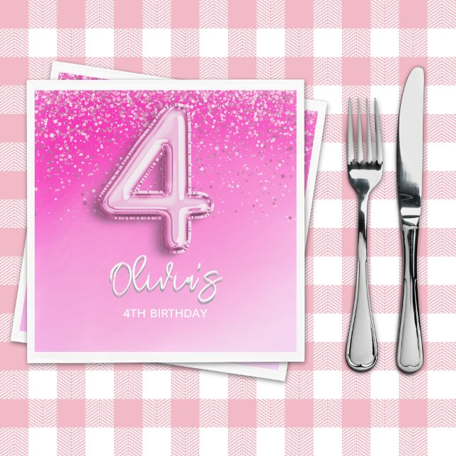 Serviette En Papier Pink Glitter Balloon 4th Birthday Party for Girls (Créateur téléchargé)