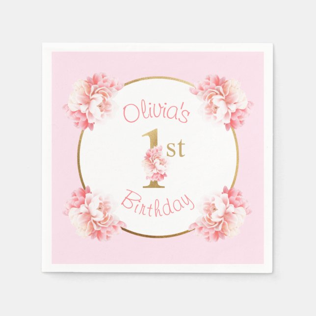 Serviette En Papier Pink & Gold 1er anniversaire fille Fête florale (Devant)
