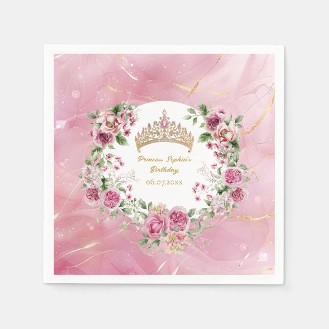 Serviette En Papier Pink Gold Fairytale Princess Crown Anniversaire Na (Devant)