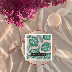 Serviette En Papier Pink & Green Palm Feuille Motif & nom